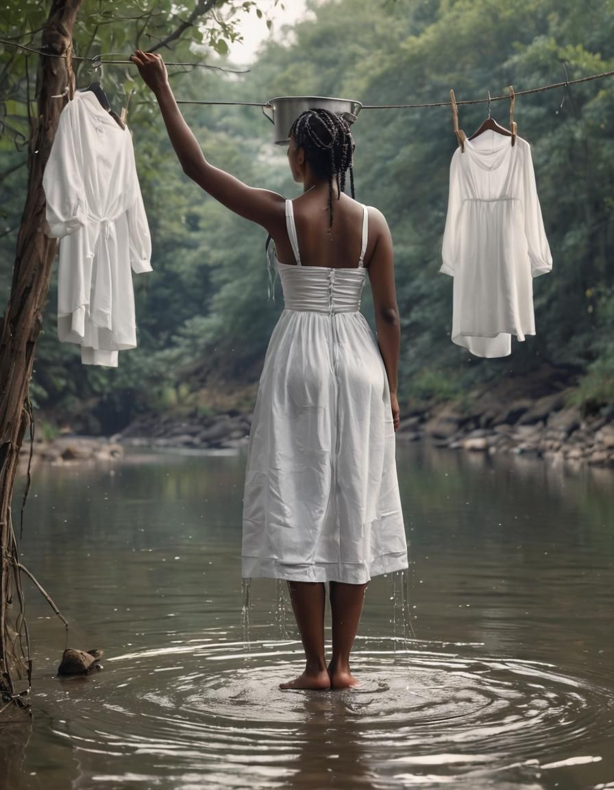 Black Woman at River Washing Clothes: Fantasy Art