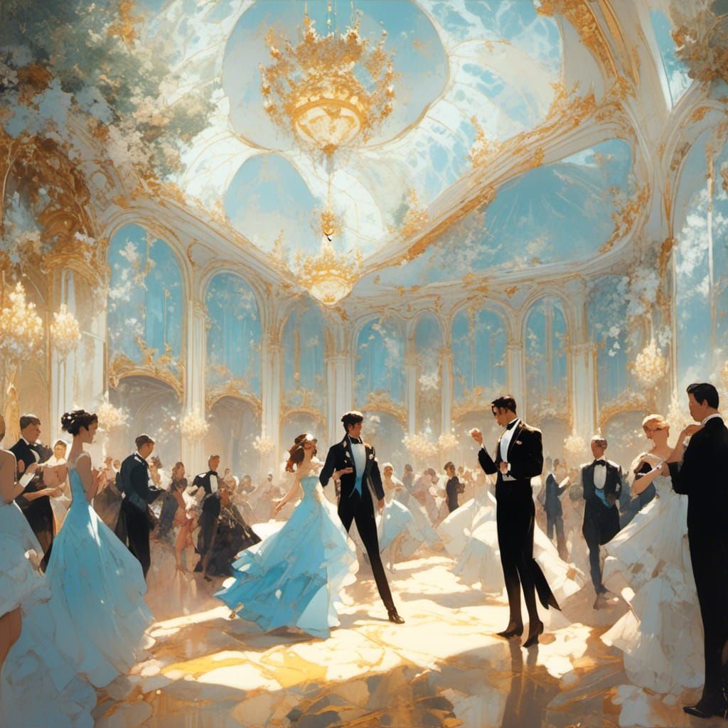 Opulent Ballroom with Dancing Couples in Waltz