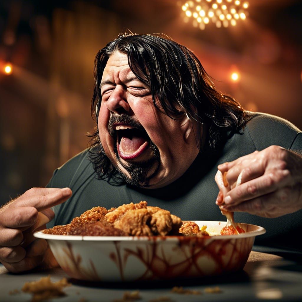 Hyperrealistic Portrait of Crying Man Eating Chicken