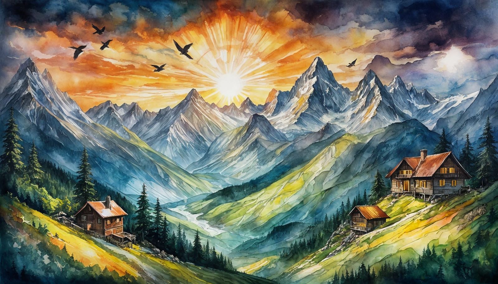 Sunrise Over Swiss Alps Mountain Hut Landscape