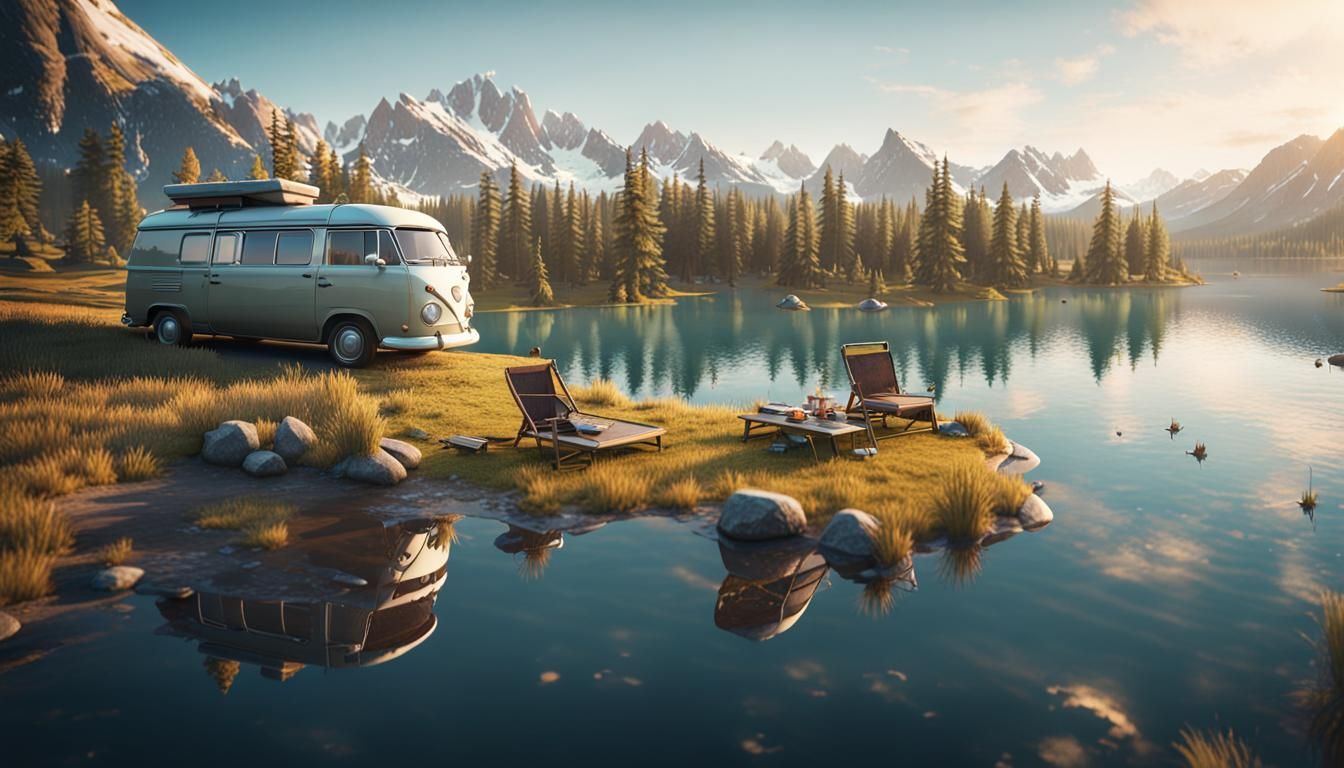 Camper Van at Serene Lake: 3D Game Cinematic