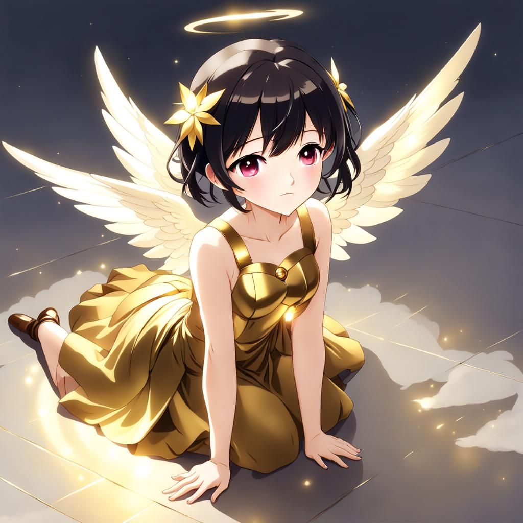 Anime Angel Girl in Golden Dress