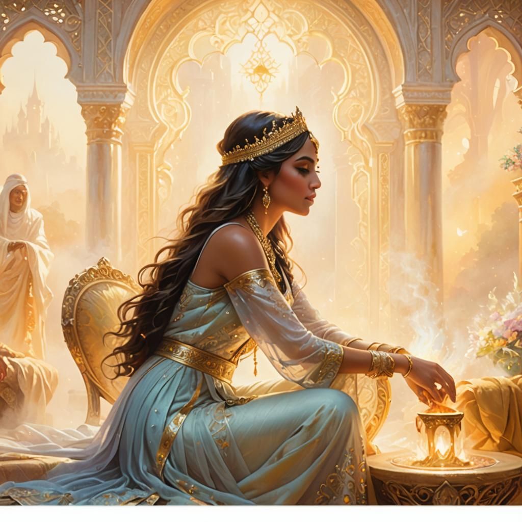 Ethereal Arabian Woman Kneeling Before Throne
