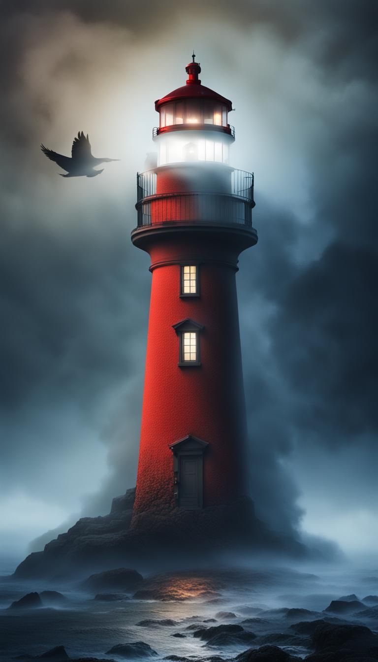 Eerie Lighthouse with Fog Monster at Night