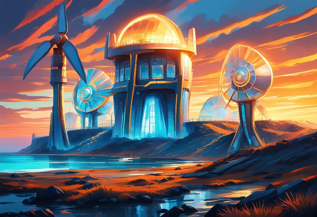 Futuristic Wind Farm at Sunset: Concept Art