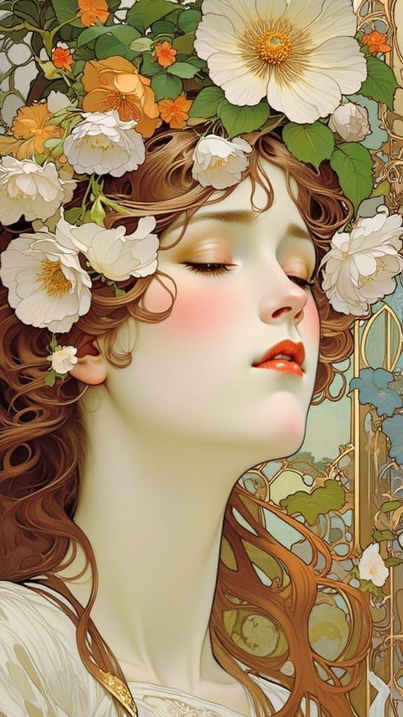 Art Nouveau Woman Adorned with Flowers