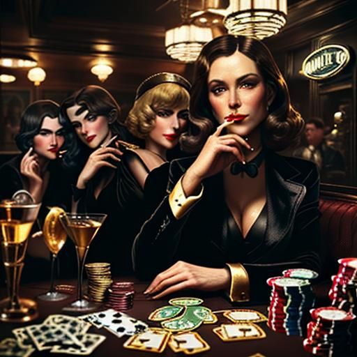 Concept art. Close-up. A charmingly rugged pilot smirks, surrounded by swooning women and gambled winnings in a 1920s sp...