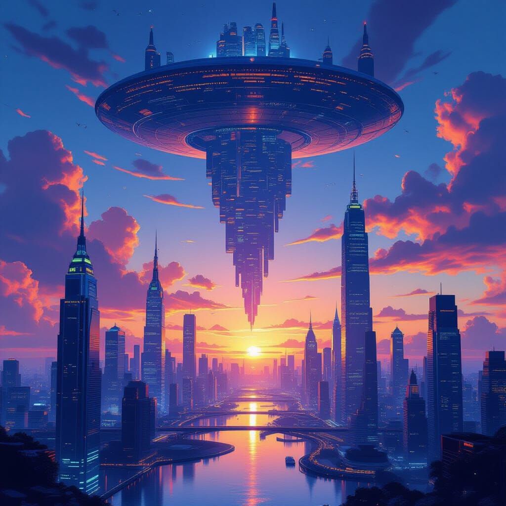 Upside Down City Descending: Futuristic Matte Painting