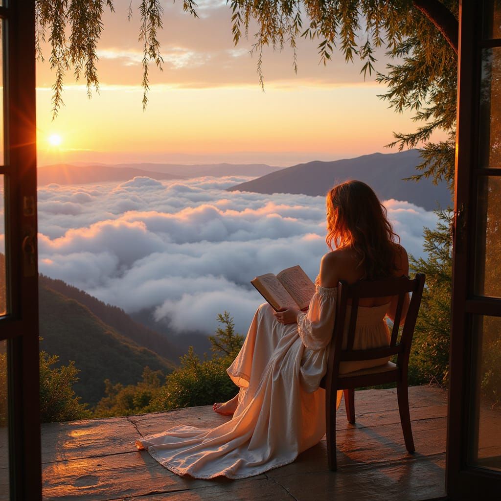 Woman Reading on Balcony at Sunset