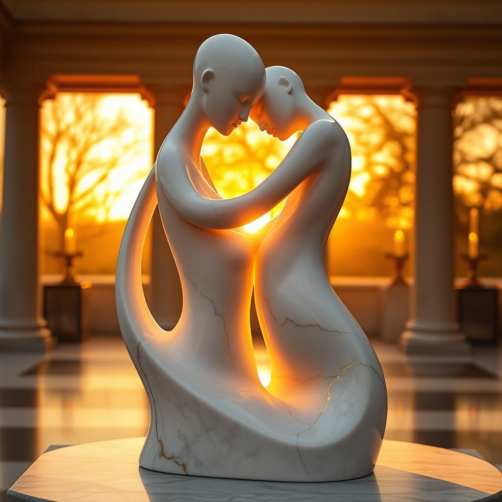 Ethereal Female Forms Entwined in a Symbolic Sculpture