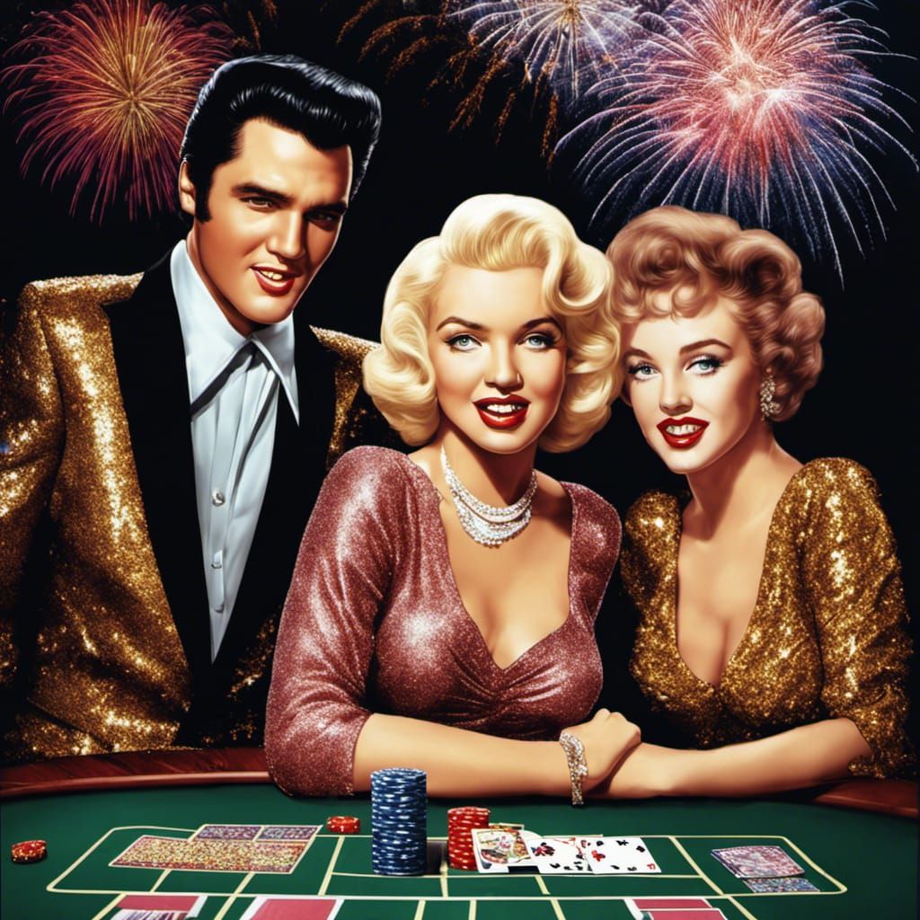 Elvis Presley and two cute Ladys at pokertable