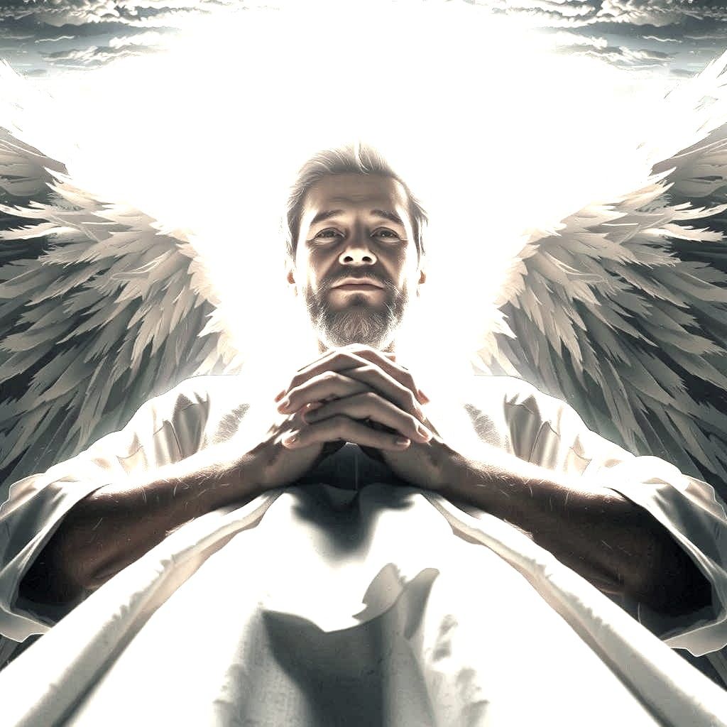 Surreal Sky God with Praying Hands