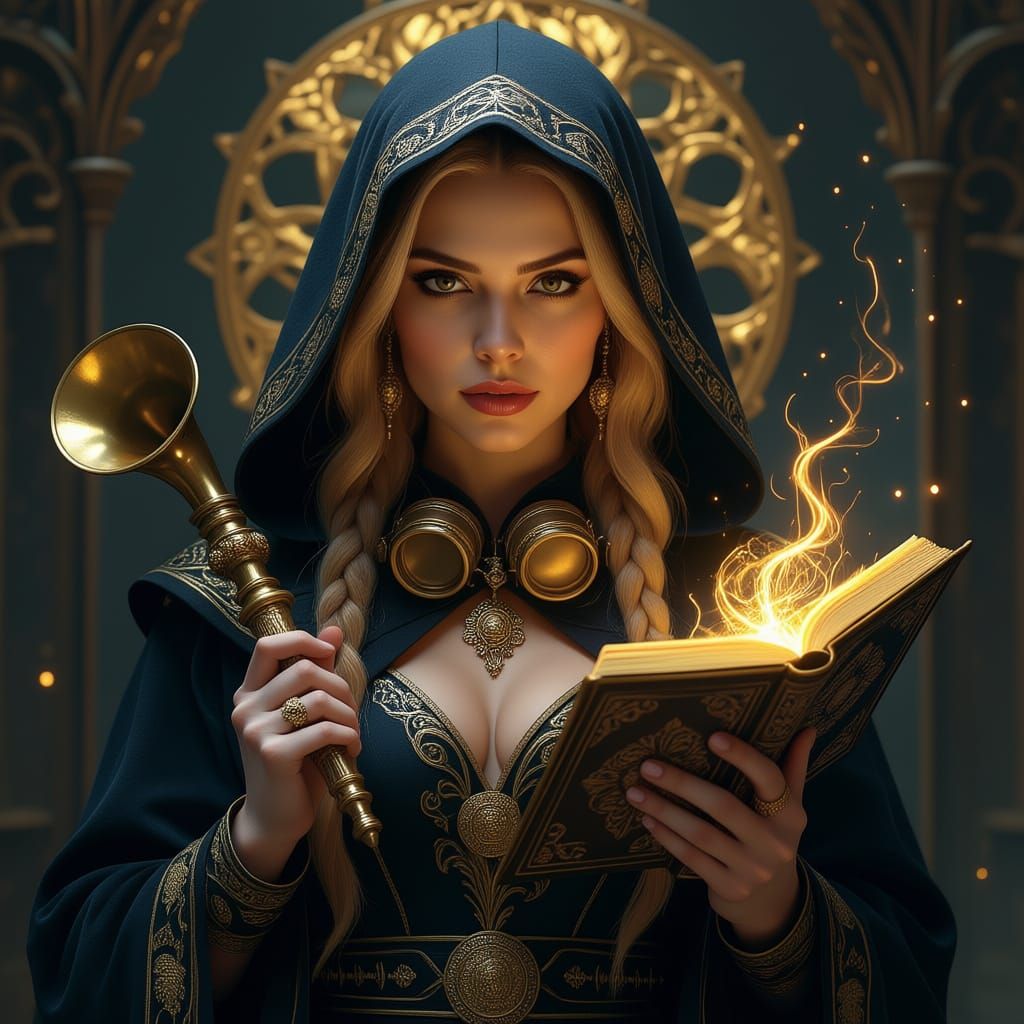 Mystical Alchemist Heraldess Holding Brass Speaking Horn