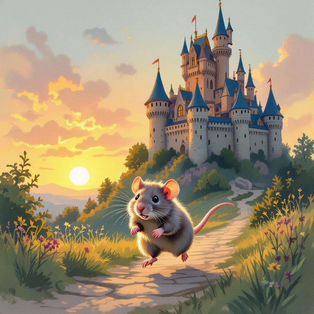 Fluffy Rat Races Towards Sunlit Castle in Storybook Style