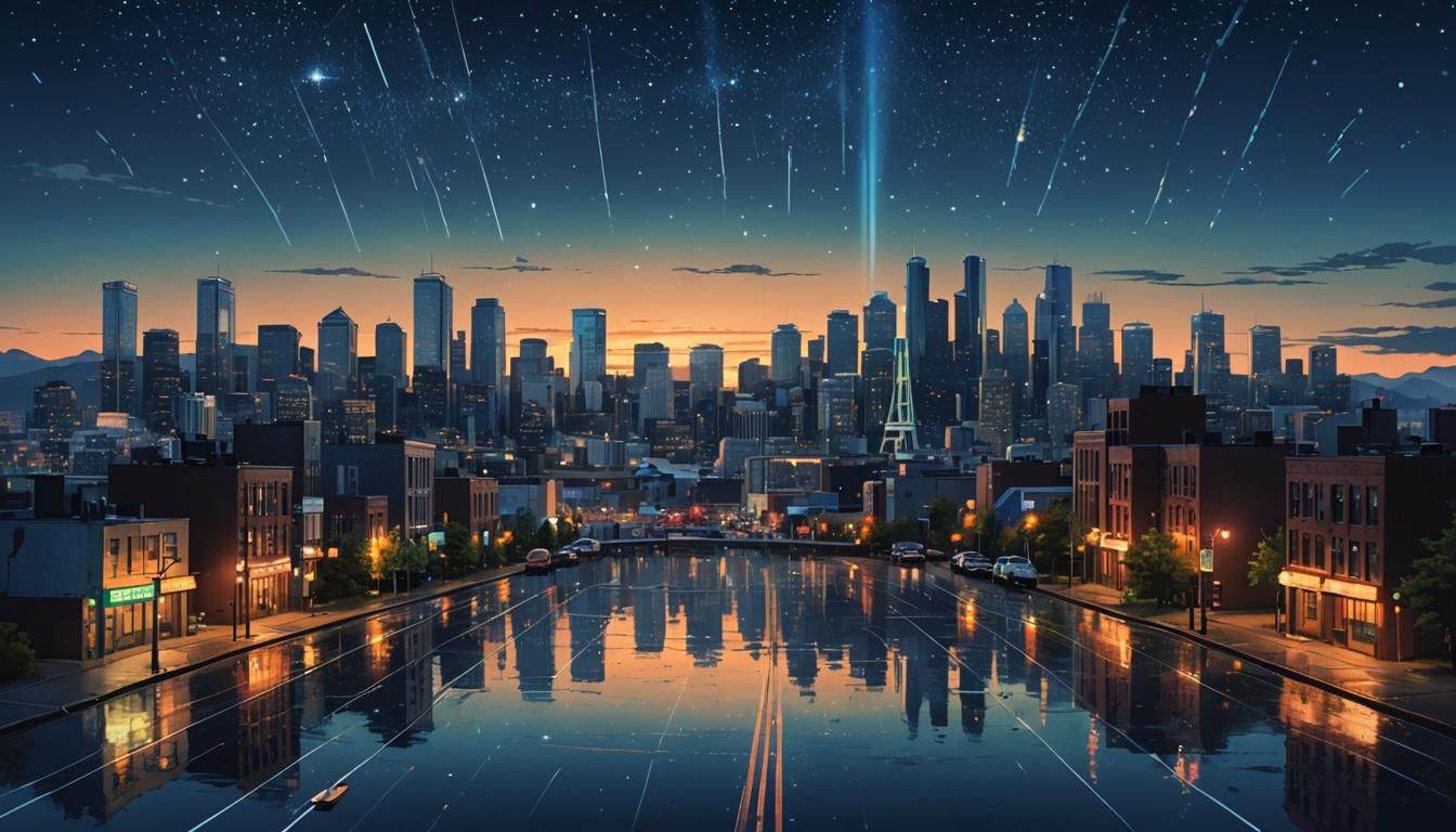 Seattle Cityscape at Dusk in Fantasy Sci-Fi Style