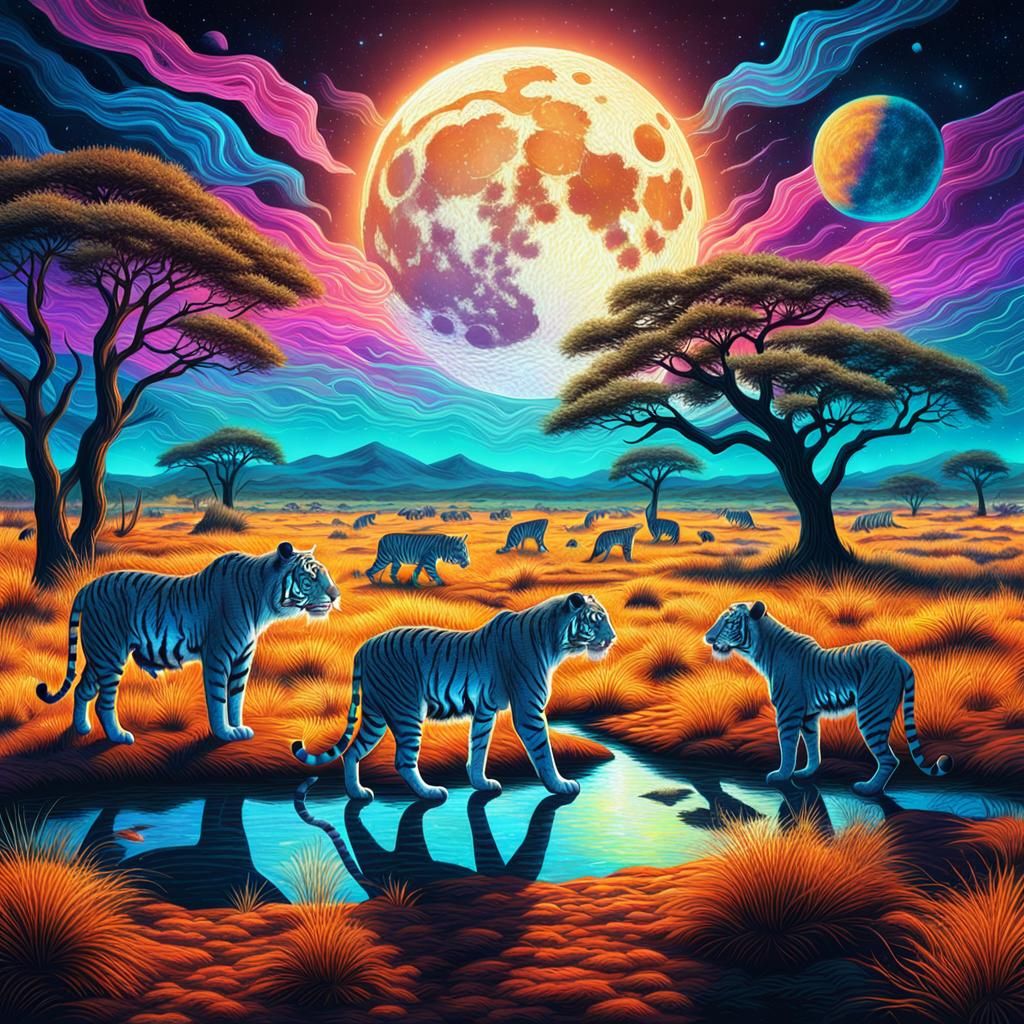 Tigers Roaming Savannah Under Full Moon