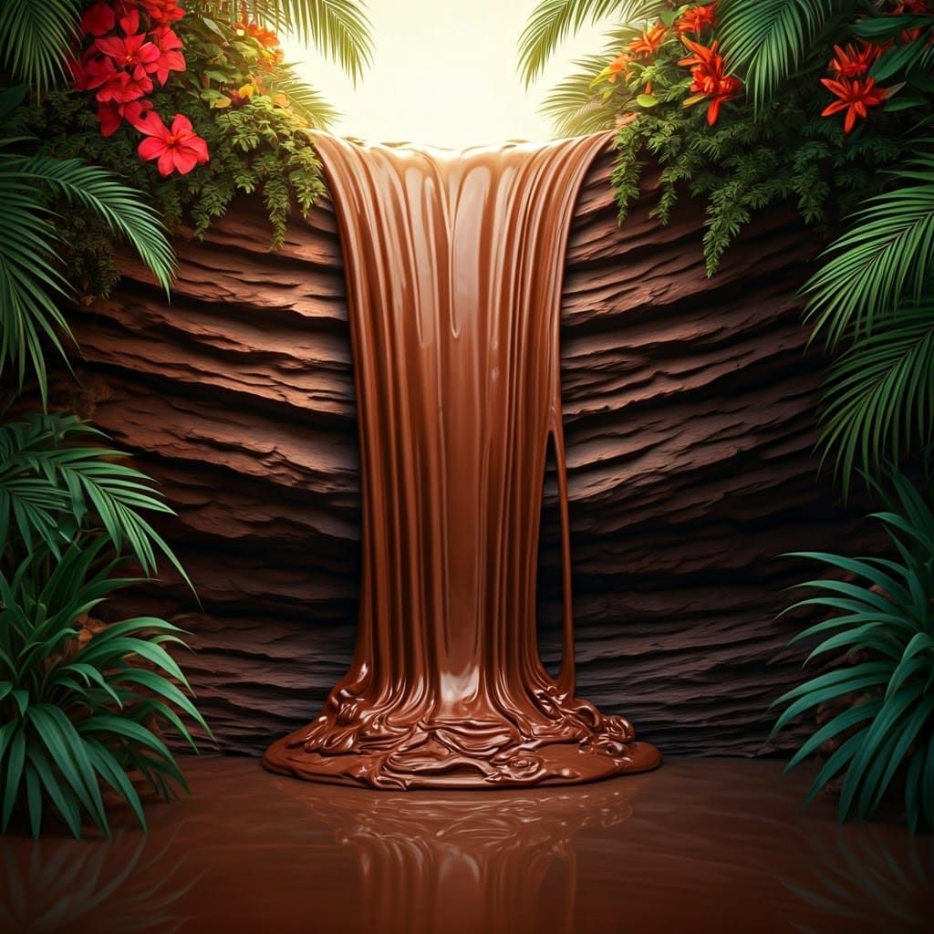 Chocolate Waterfall in a Lush, Tropical Environment