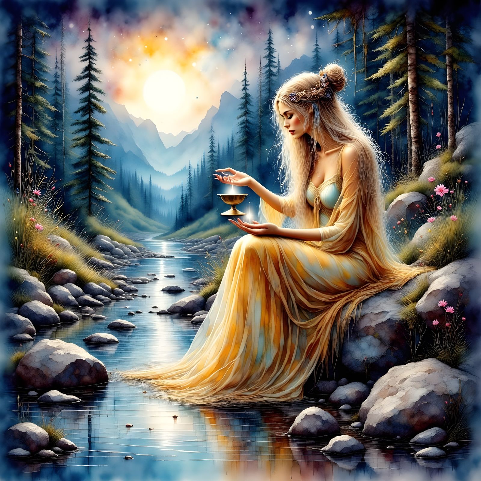 Norse Goddess Refracts Moonlight in Impasto Ink Drip Style