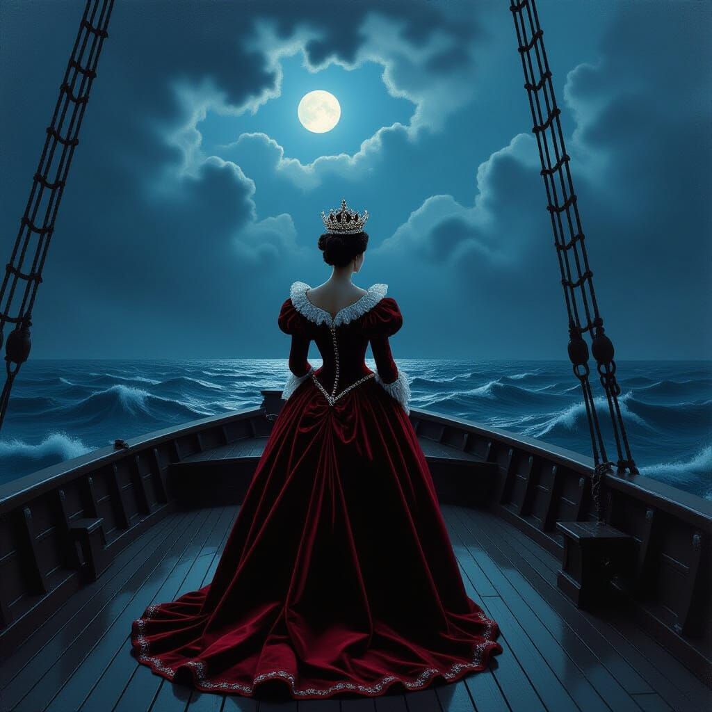 Queen on Stormy Ship Deck in Old Master Oil Painting Style