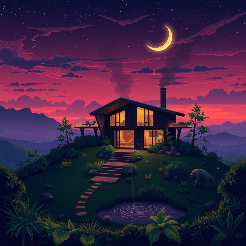 Futuristic Villa Under Starry Sky in Retro-Futuristic Style