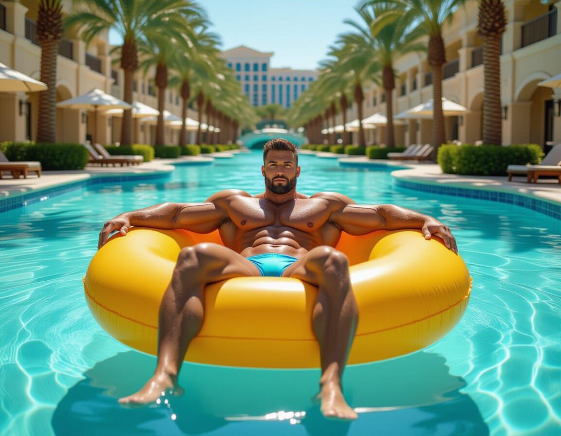 Muscular Bodybuilder on Inner Tube in Las Vegas