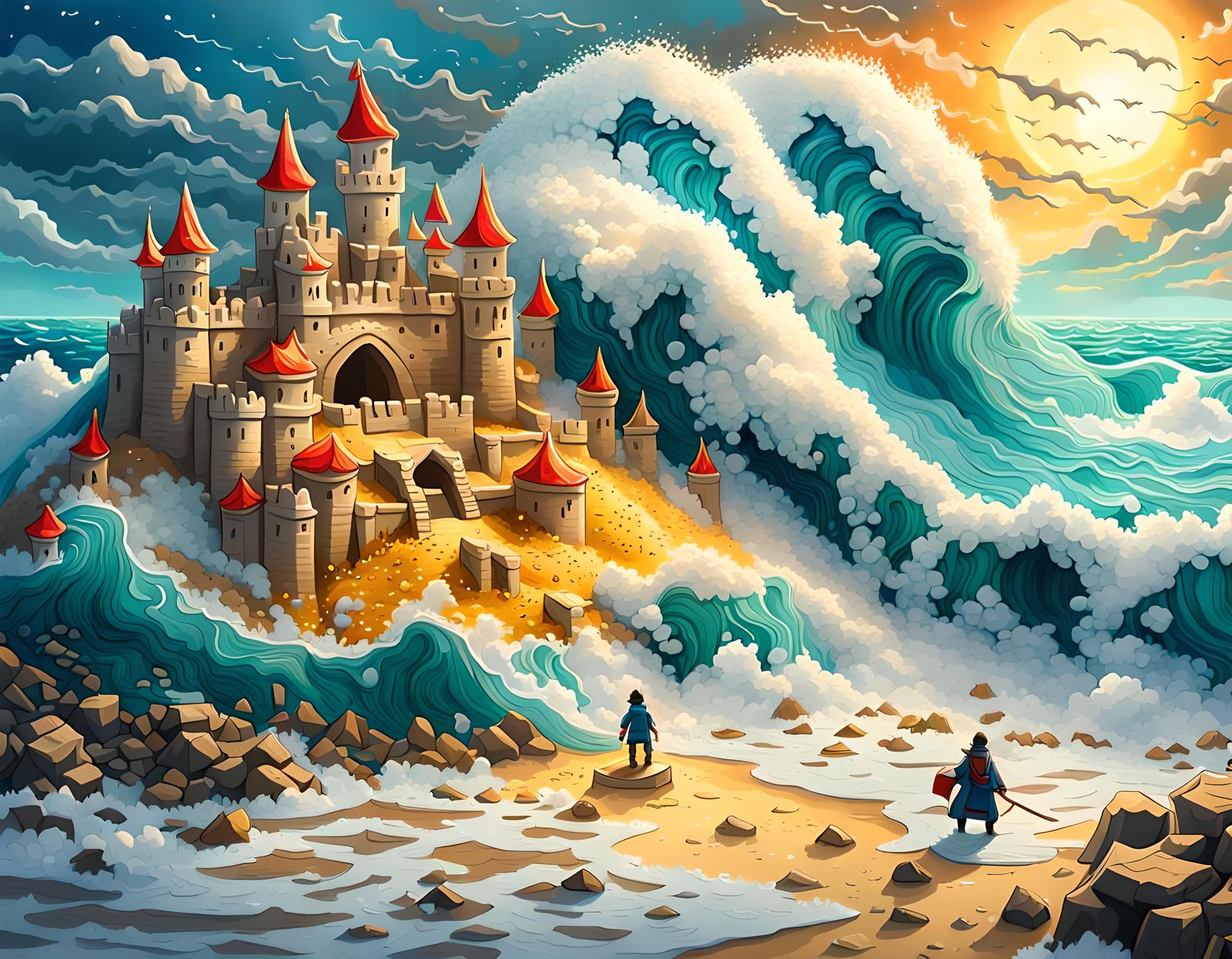 Wave Crashes Sandcastle in Anime Art Style