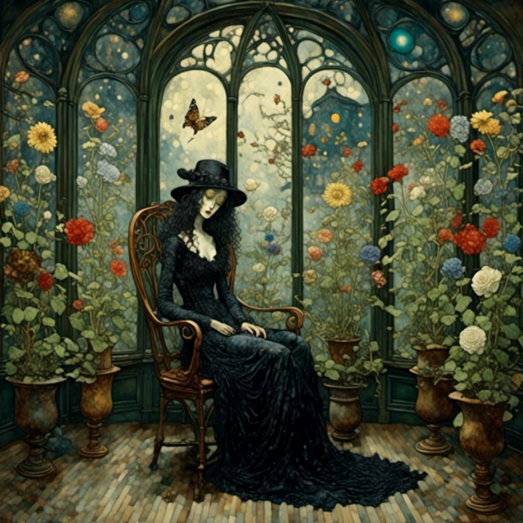 Surreal Floral Sunroom in Dark Academia Style