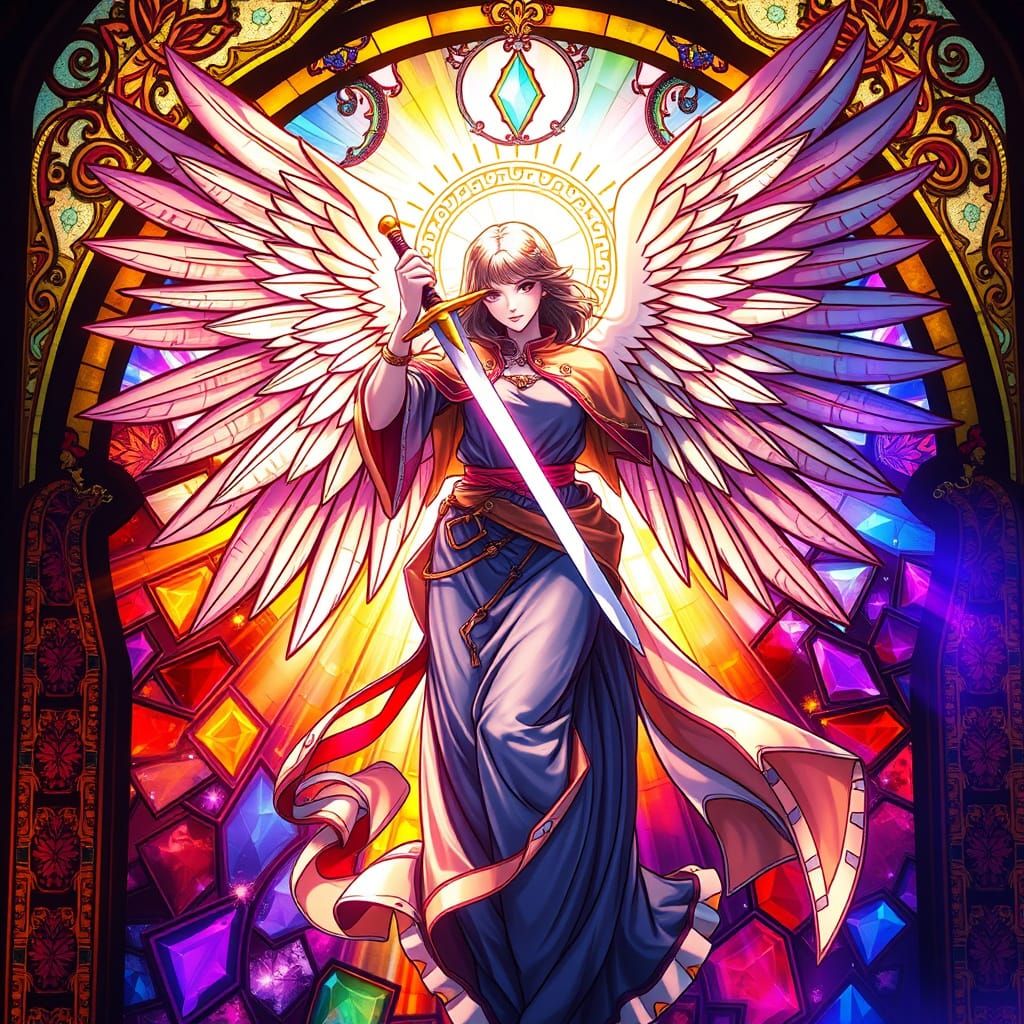 Anime Angel with Sword in Stained Glass