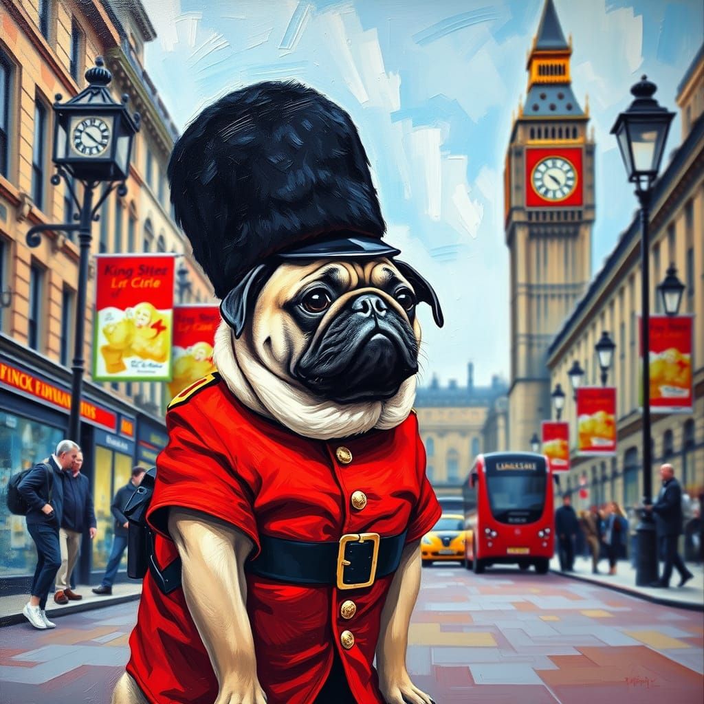 Pug Dog in King's Guard Uniform, Neo-Impressionist Oil Paint...