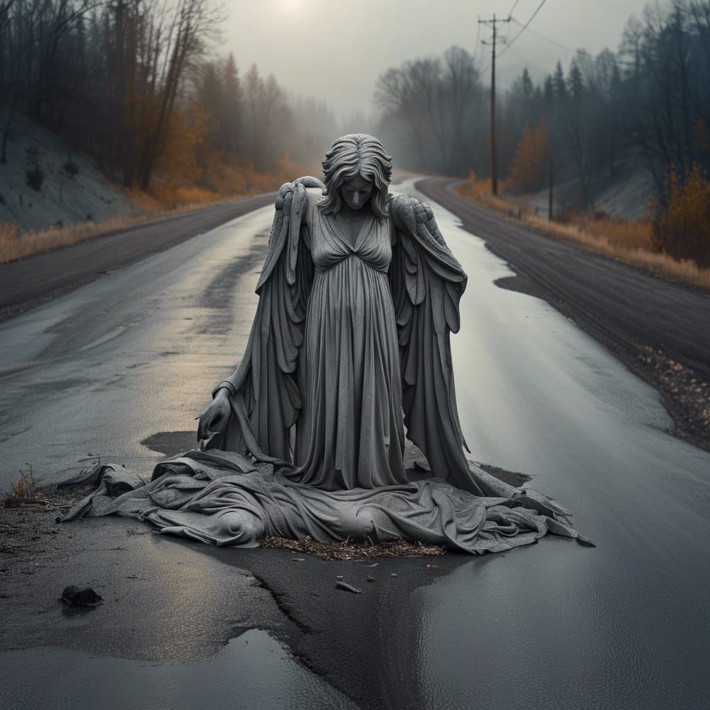 Weeping Angel on Abandoned Road: Surreal Photography