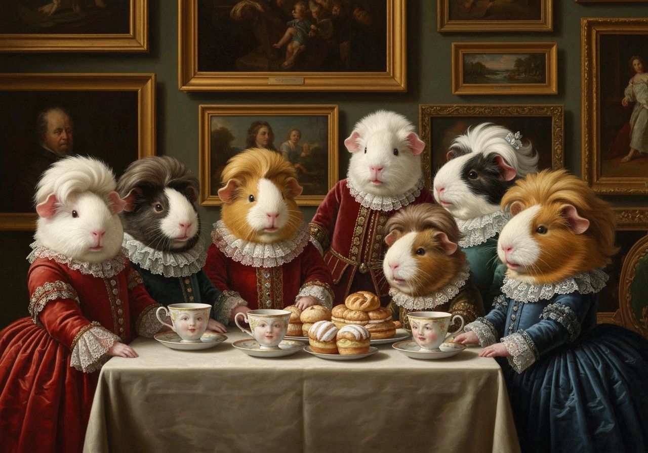 Baroque Guinea Pig Tea Party in Oil Painting Style