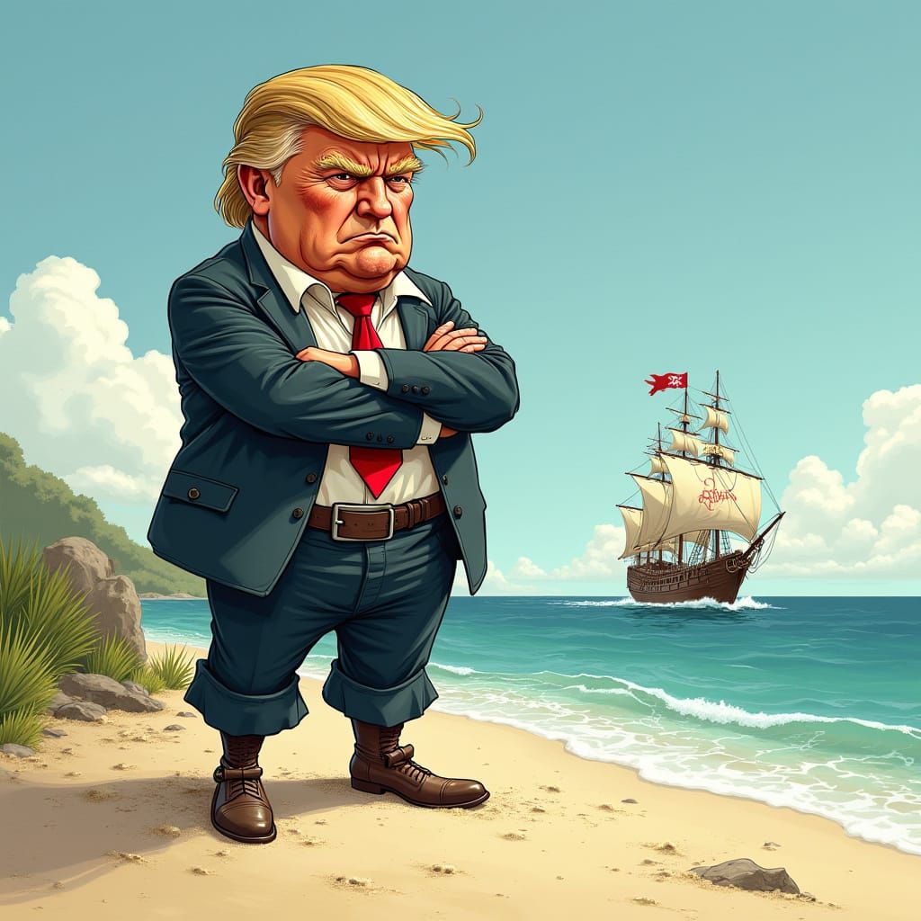 Pirate Trump Abandoned by Crew in a Vibrant Satirical Carica...