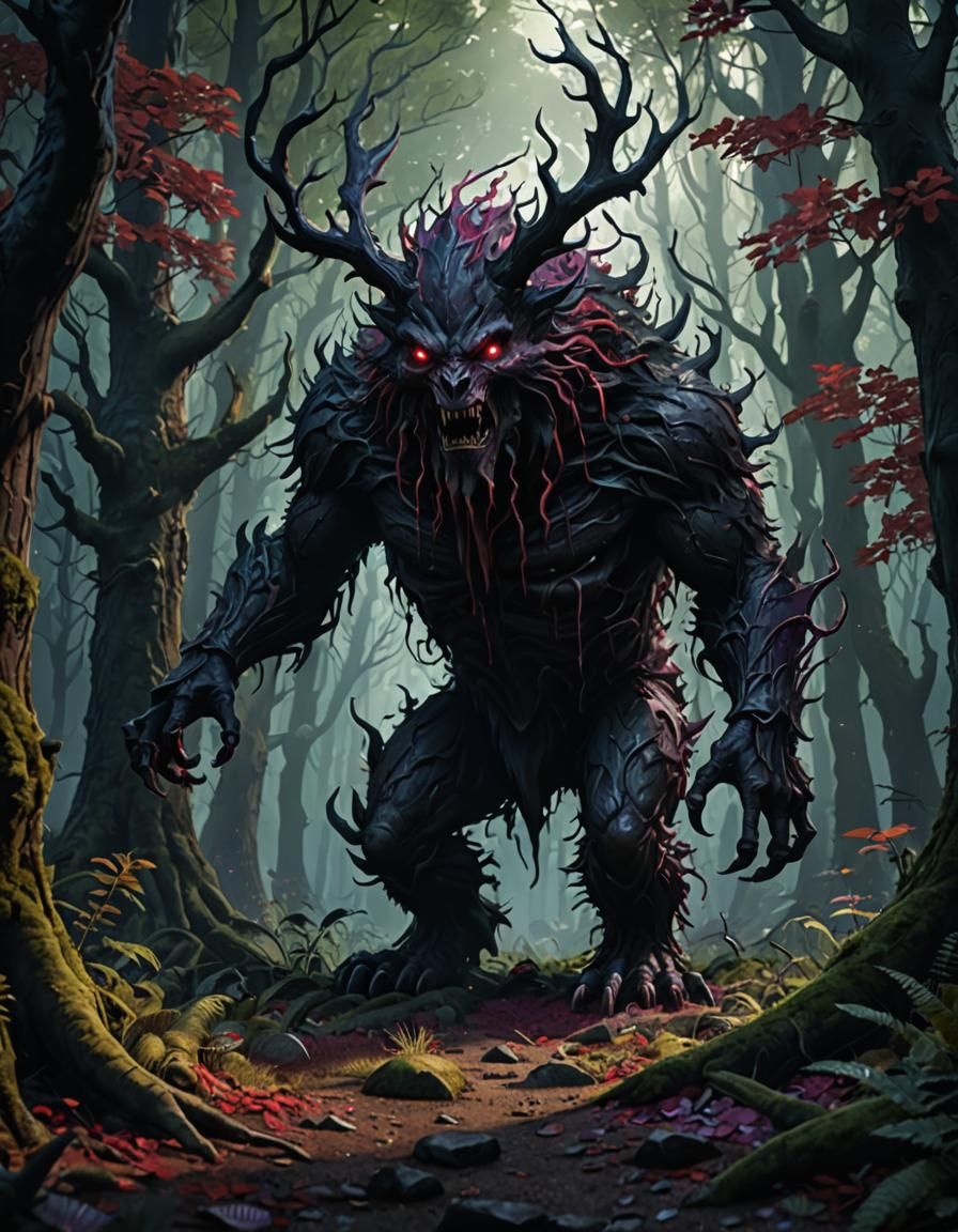 Mysterious Creature Lurking in Dark Forest Concept Art