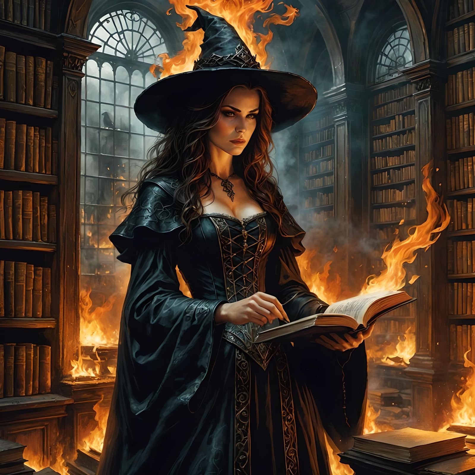Fiery Witch Reading Magic Tome in Burning Library