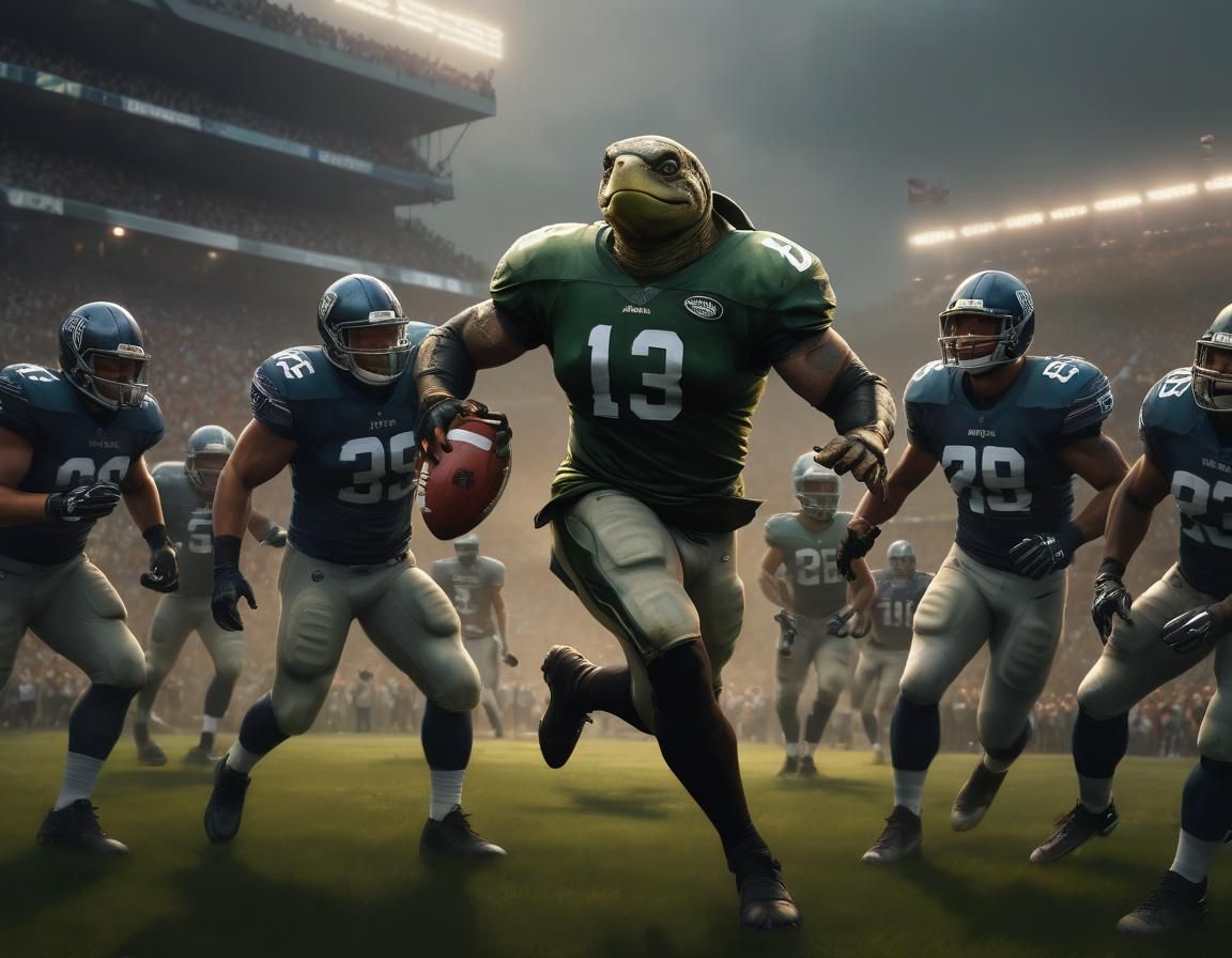 Anthropomorphic Turtle Plays Football in Dramatic Lighting