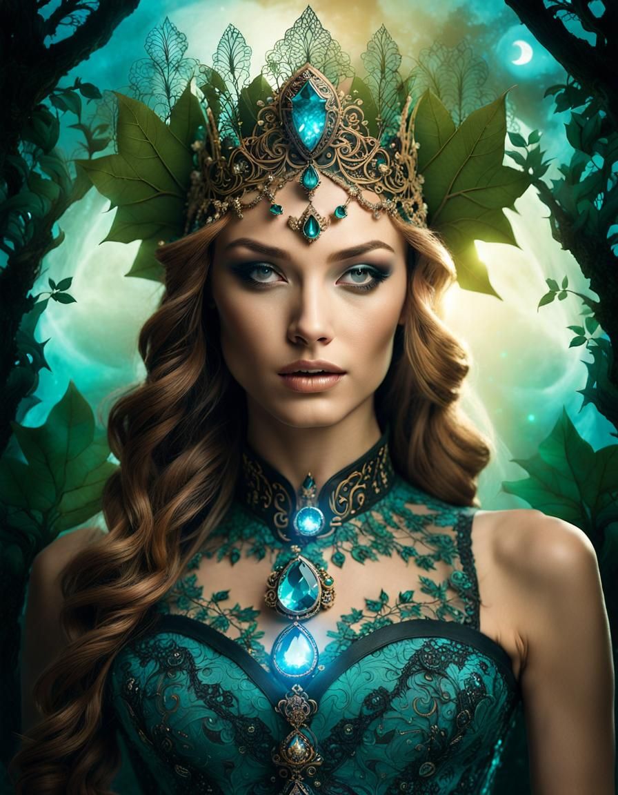 Elven Woman Portrait with Enchanted Forest Double Exposure