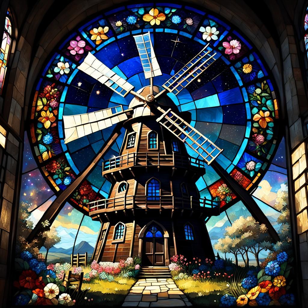 Enchanted Stained Glass Windmill at Night
