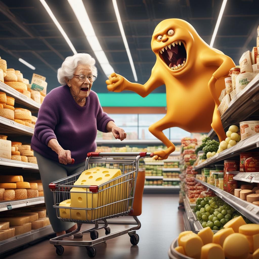 Cheese Monster Attacks Grandma in Supermarket