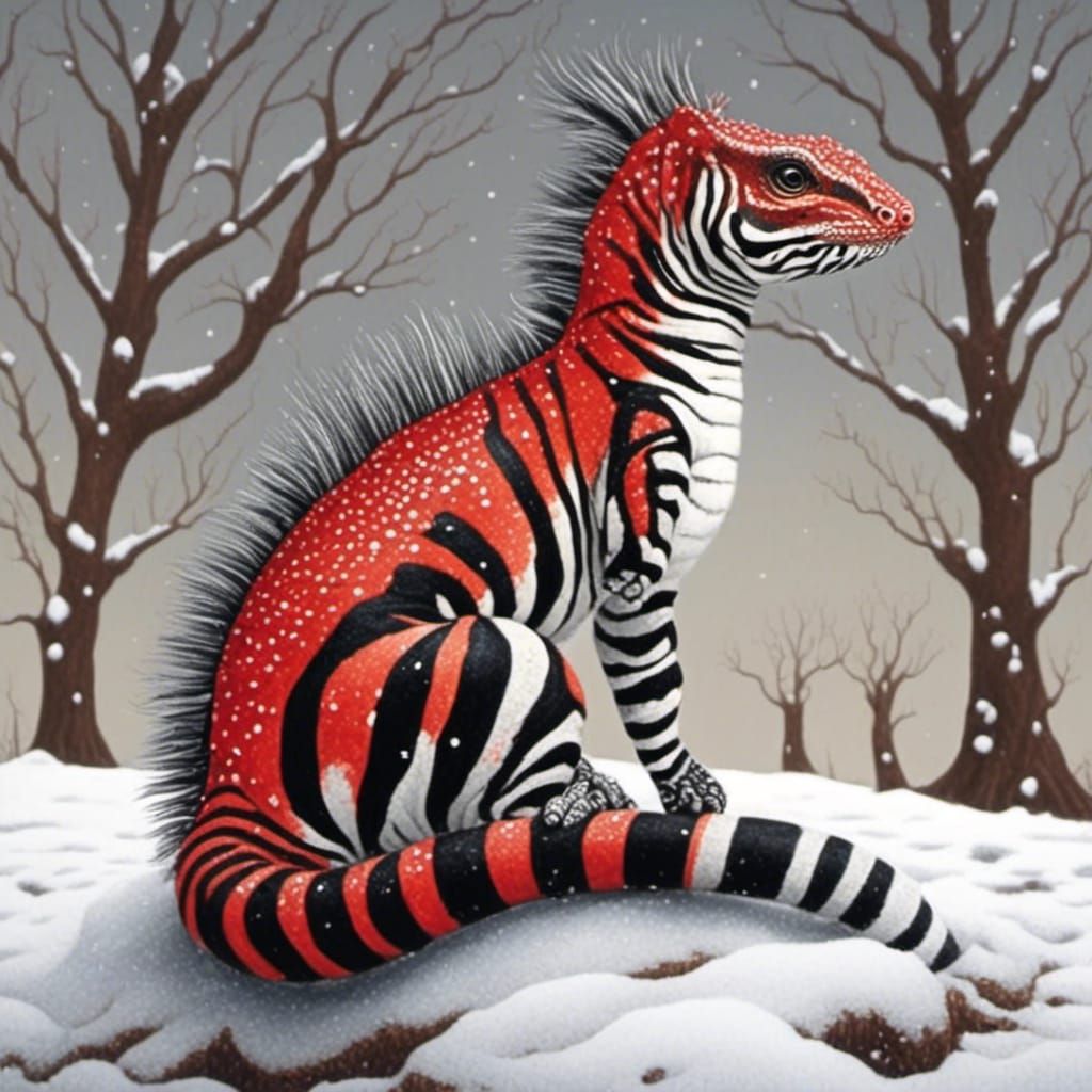 Red Lizard in Snow, Zebrapunk Style