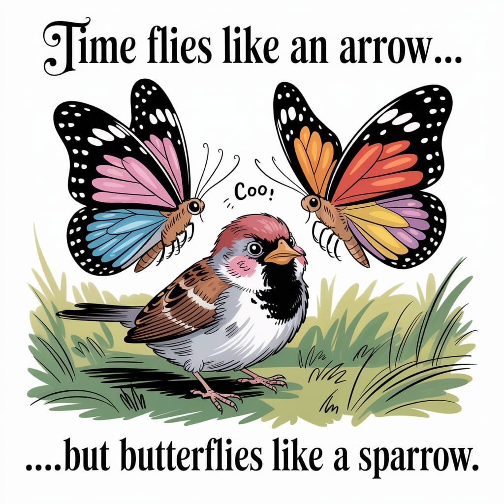 Sparrow and Butterflies in Vintage French Illustration Style