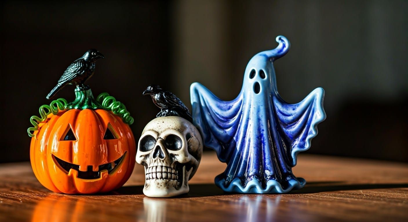 Enameled Glass Halloween Figurines in Sunlight