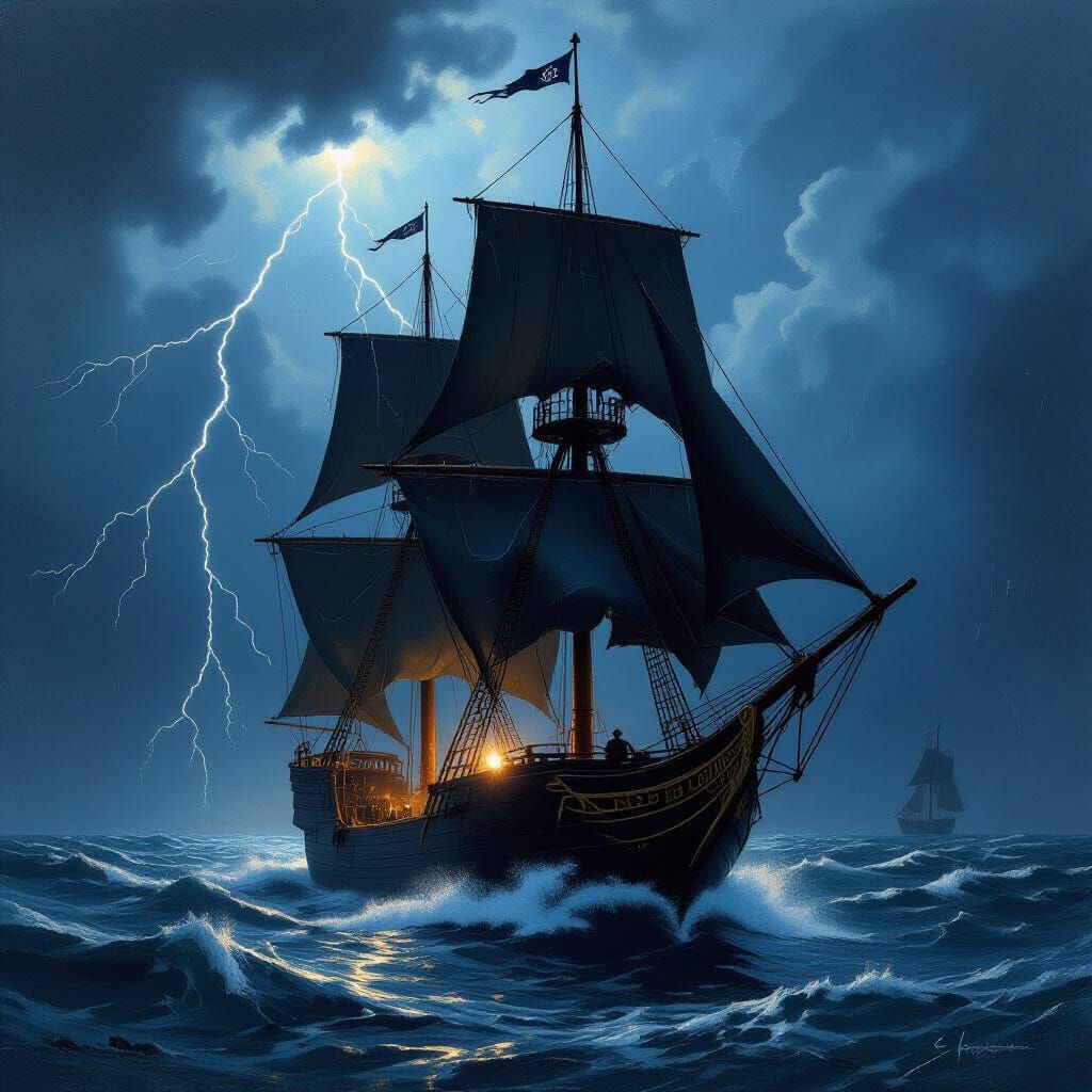 Stormy Seas: Black Clipper Ship Oil Painting