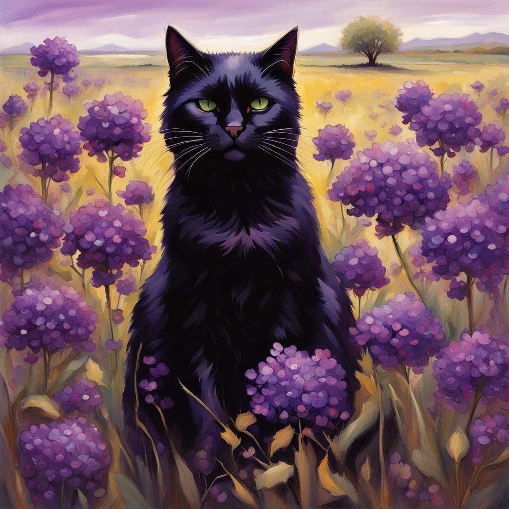 Contented Black Cat in Purple Flower Field