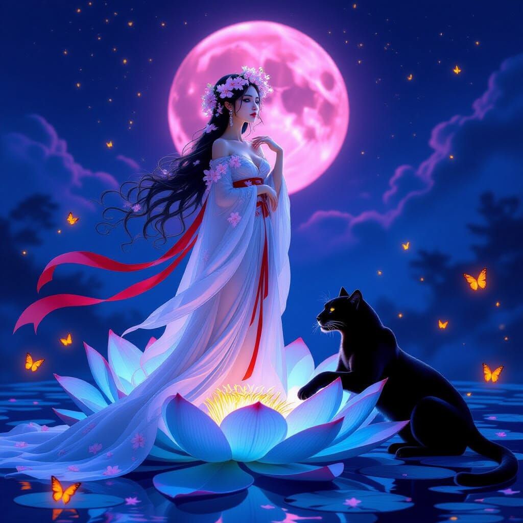 Mystical Woman on Glowing Lotus in Fantasy Night