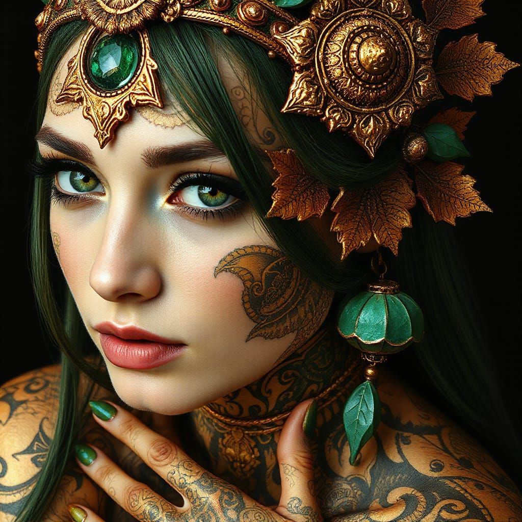 Emerald-Eyed Dryad with Golden Tattoos in Art Nouveau Style