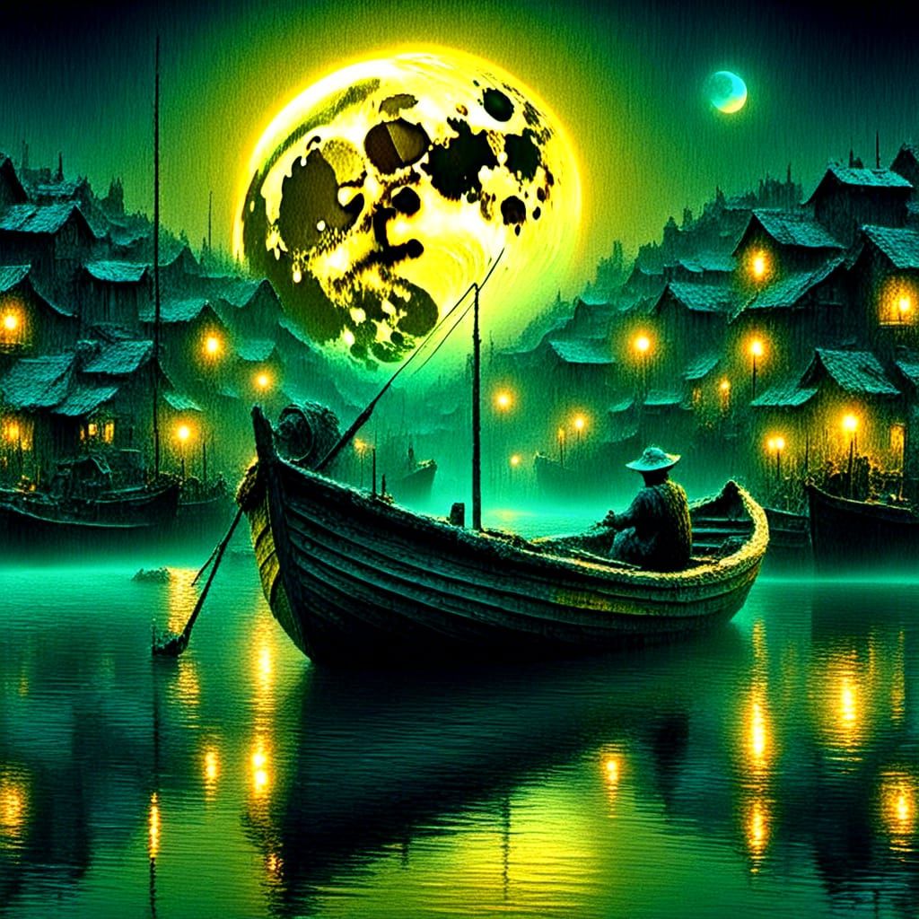 Vaporwave Fishing Town Under a Giant Moon