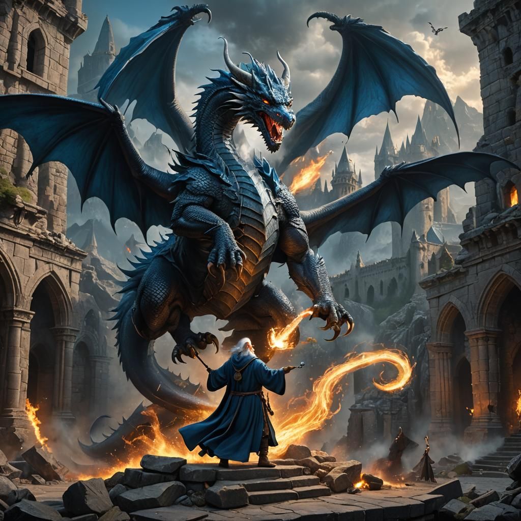Wizard and Dragon Battle in Ruined Castle