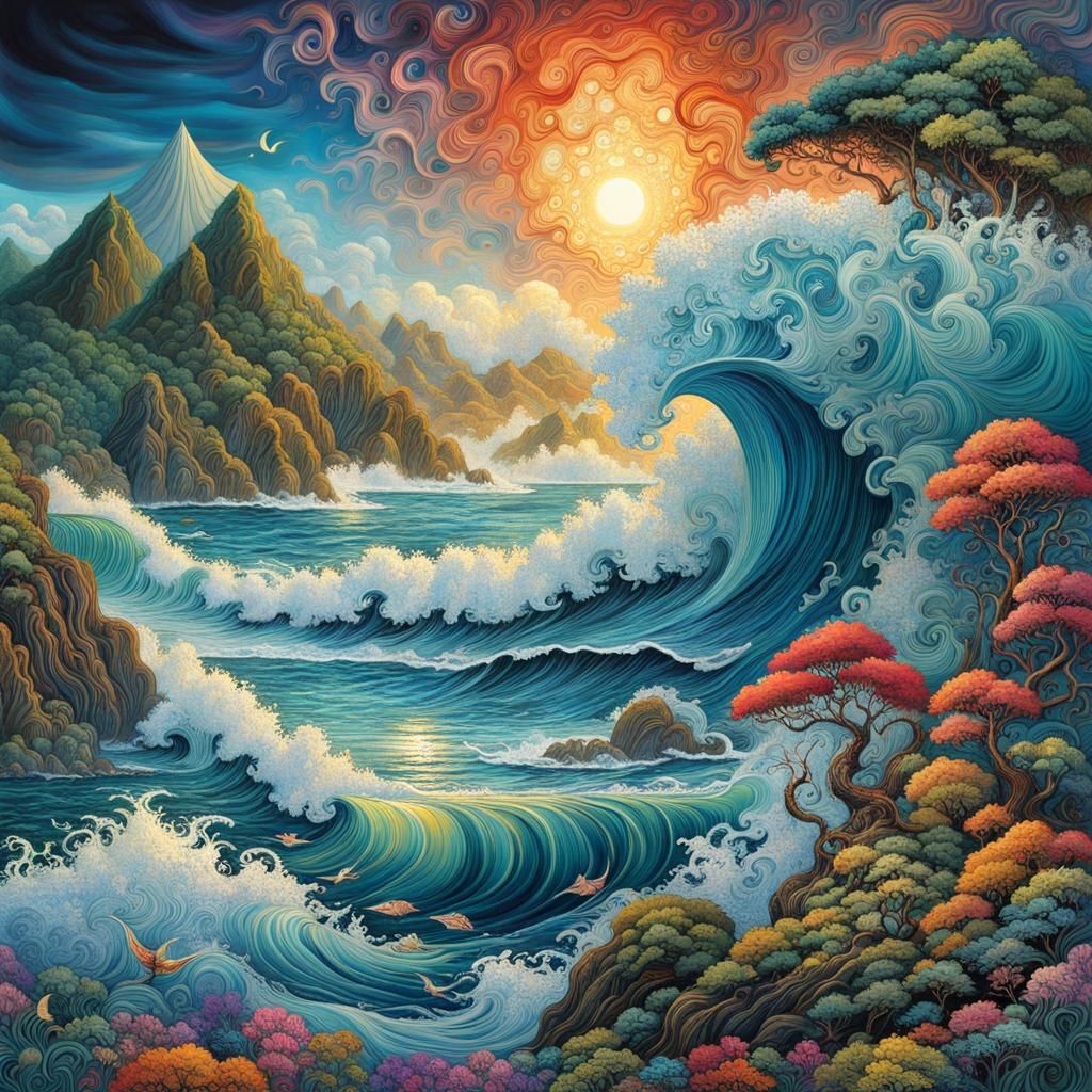 Japanese Seascape with 3D Waves, Digital Illustration