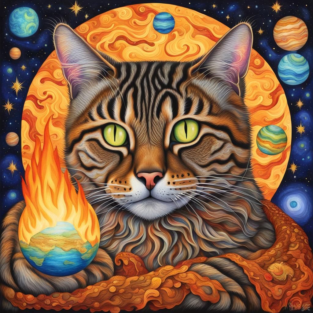 Magical Tabby Cat with Orb in Starry Sky