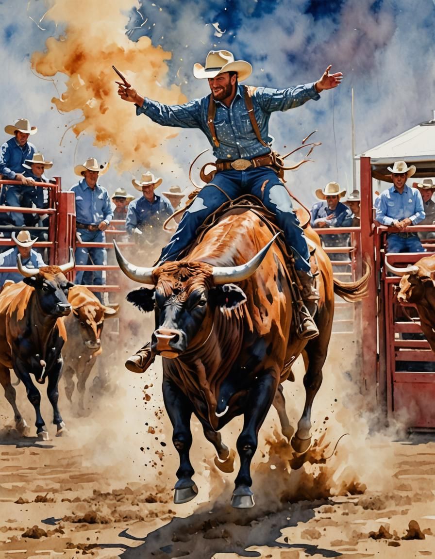 Cowboy Rides Bucking Bull: Gouache Impressionist Rodeo Art